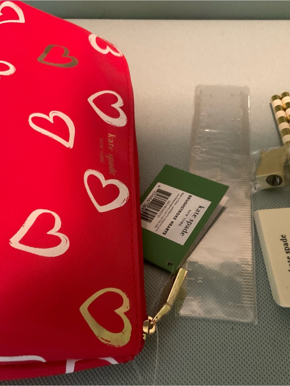 Kate Spade Red Brush Heart Zip Pouch Pencil Case New - Picture 4 of 5